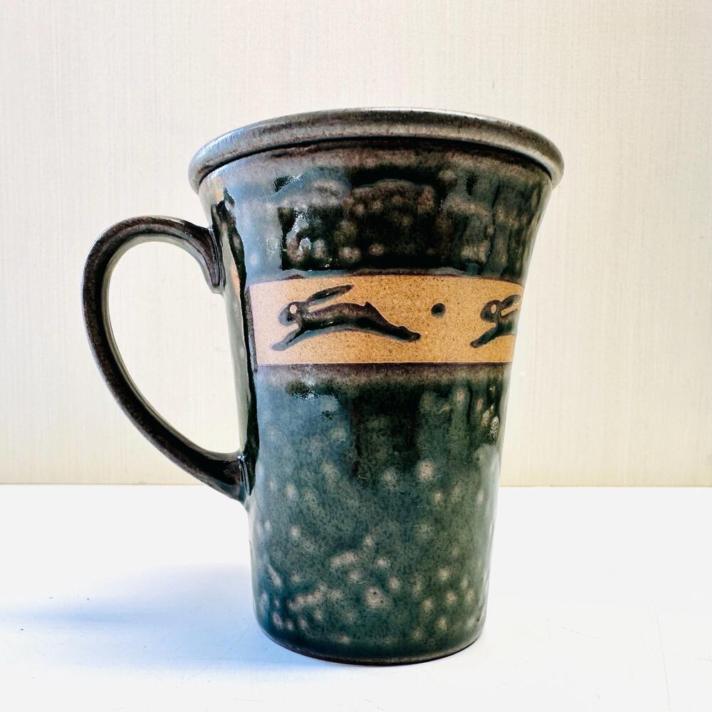 Vintage Stoneware Coffee Tea Mug Lid Textured Dark Green Glaze Bunny Rabbit Hare